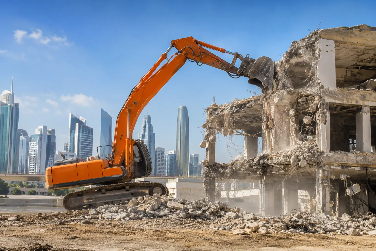 هدم مبنى باستخدام حفار هيدروليكي